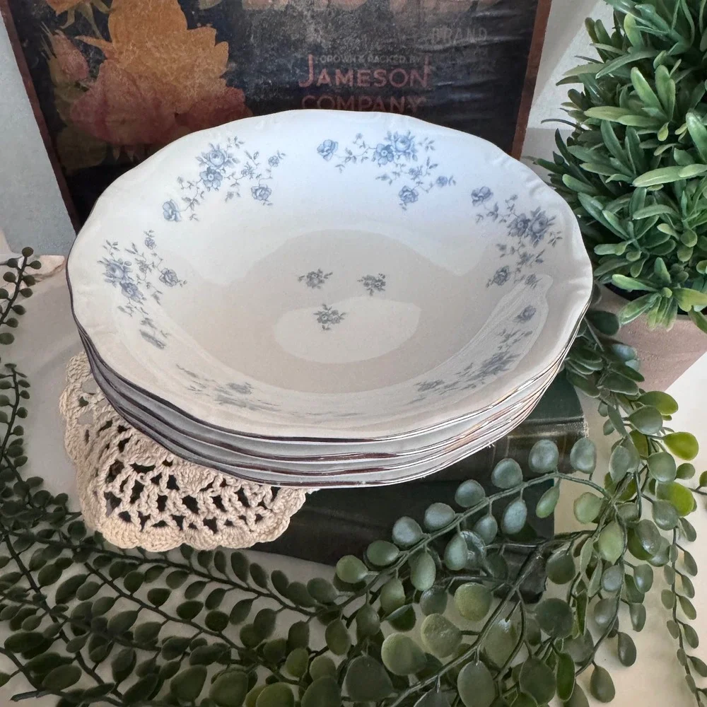 Johann Haviland Blue Garland Soup Bowls Set of 4 Bavaria Germany Platinum Trim